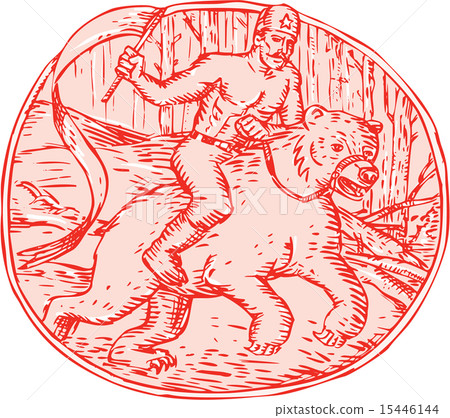 Russian Soldier Riding Bear Etching 15446144