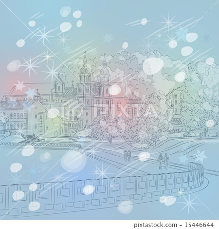 Vector winter Christmas cityscape with church and river  15446644