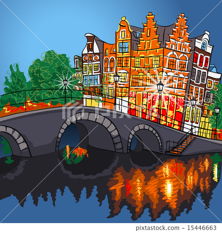 Vector night city view of Amsterdam canal and bridge Vector night city view of Amsterdam canal and bridge 15446663