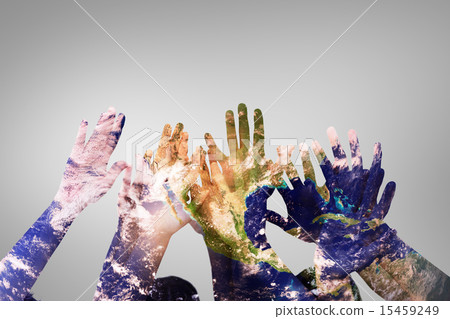 Composite image of people raising hands in the air Composite image of people raising hands in the air 15459249
