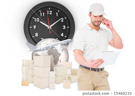 Composite image of delivery man talking on mobile phone 15460235