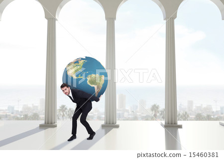 Composite image of businessman carrying the world 15460381