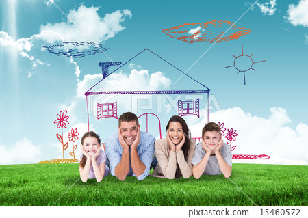 Composite image of happy family lying with head in hands 15460572