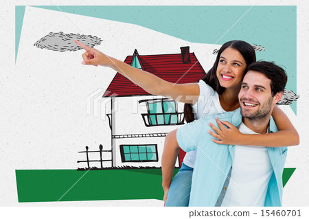 composite image of happy casual man giving pretty girlfriend