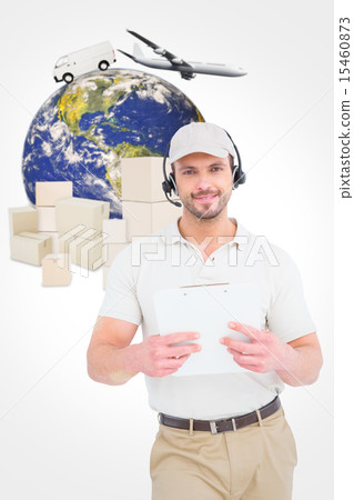 Composite image of delivery man with headset and clipboard 15460873