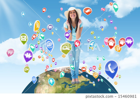 Composite image of happy young brunette wearing sunhat 15460981