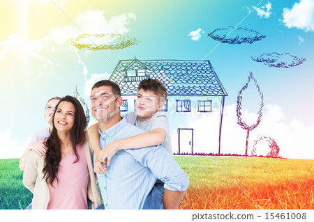 Composite image of happy parents giving piggyback ride to childr Composite image of happy parents giving piggyback ride to childr 15461008