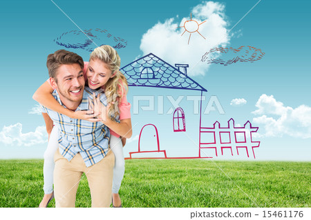 Composite image of handsome man giving piggy back to his girlfri 15461176