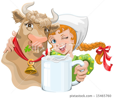 Girl hugging a cow and a farmer holding a cup of milk Girl hugging a cow and a farmer holding a cup of milk 15465760