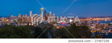 Seattle downtown skyline and Mt. Rainier at night 15467206