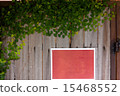 Wooden wall with green foliage 15468552