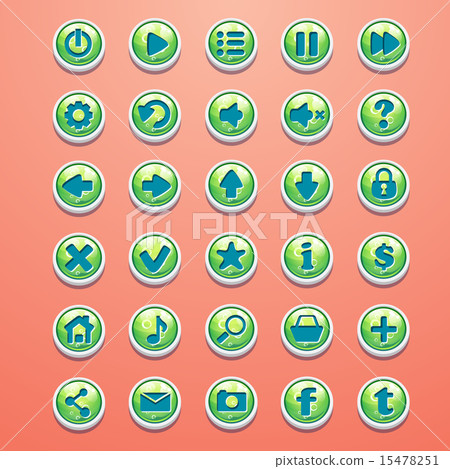 Big set of round buttons cartoon green for the game interface Big set of round buttons cartoon green for the game interface 15478251