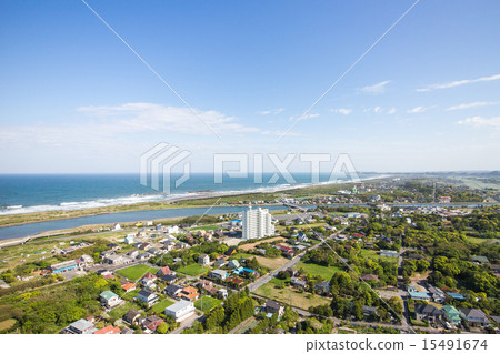 Aerial view of the countryside with beautiful sea and river 15491674