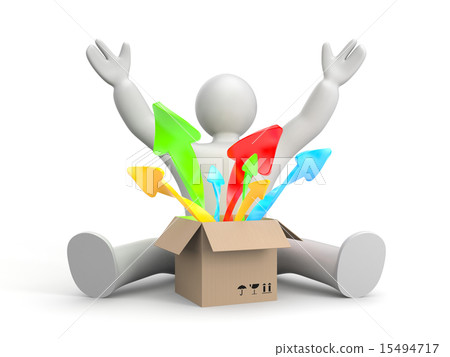 3d white character with box and coming out arrows 15494717