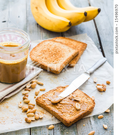 crispy toast with peanut butter, bananas,breakfast crispy toast with peanut butter, bananas,breakfast 15496970