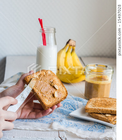 banana smoothie, toast with peanut butter banana smoothie, toast with peanut butter 15497028