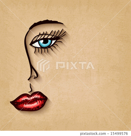 woman face blue eyes red lips on old background woman face blue eyes red lips on old background 15499576