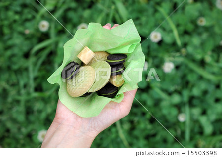 Matcha cookie wrapped in Japanese paper and put on hand. 15503398