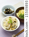 Menu of cooked rice with clams and bamboo shoots 15509893