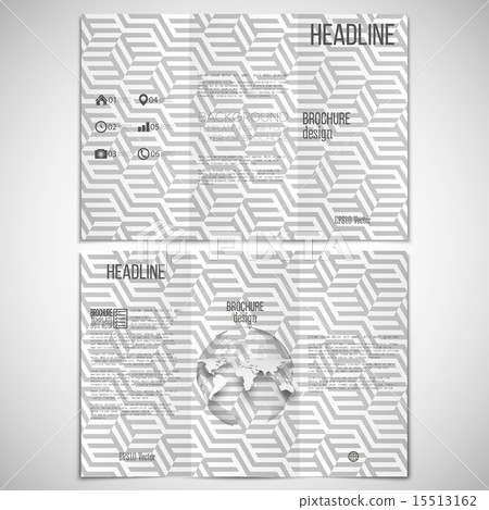 Vector set of tri-fold brochure design template on both sides with world globe element and repeating 15513162