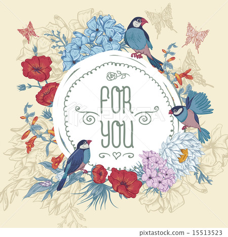 Vintage Floral Greeting Card with Birds and... - Stock Illustration ...
