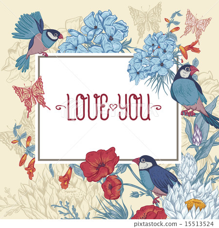 Vintage Floral Greeting Card with Birds and... - Stock Illustration ...