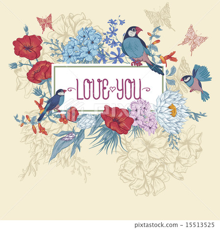 Vintage Floral Greeting Card with Birds and... - Stock Illustration ...
