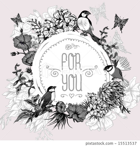 Vintage Monochrome Floral Greeting Card with... - Stock Illustration ...