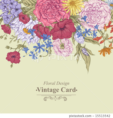 Gentle Retro Summer Floral Greeting Card, Vintage Bouquet, Vector illustration 15513542