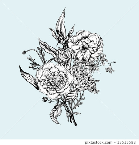 Monochrome Retro Summer Floral Greeting Card, Vintage Bouquet Monochrome Retro Summer Floral Greeting Card, Vintage Bouquet 15513588