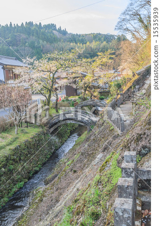 五百Iwami Ginzan抽象橋樑在春天 15535939