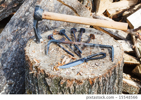 hew axe and metal hardware on wooden block 15548566