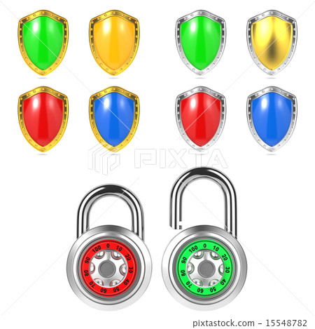 Set of Colored Shields and Padlock. Isolated on White. 15548782