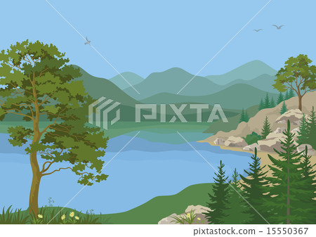 Landscape with Trees and Mountain Lake - Stock Illustration [15550367 ...