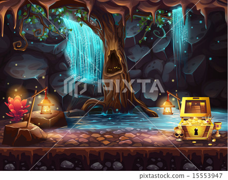Fantasy cave with a waterfall, tree, treasure chest 15553947