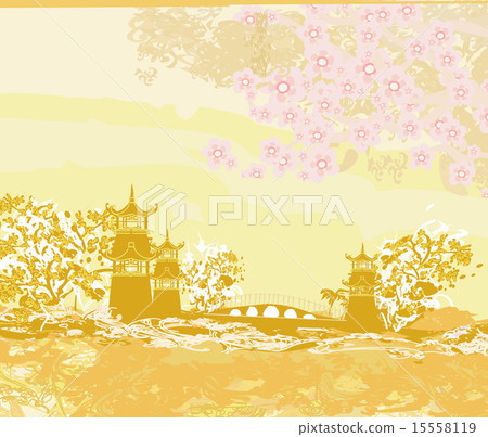 Chinese old building on abstract Asian Landscape - Stock Illustration ...