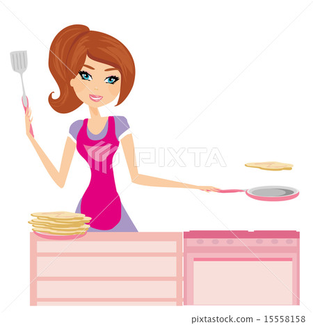 Chef girl fries pancakes on Shrovetide 15558158
