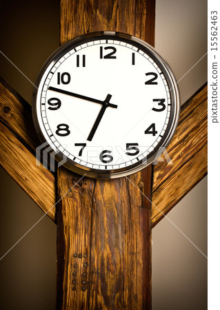 wall clock hanging on wooden construction 15562463