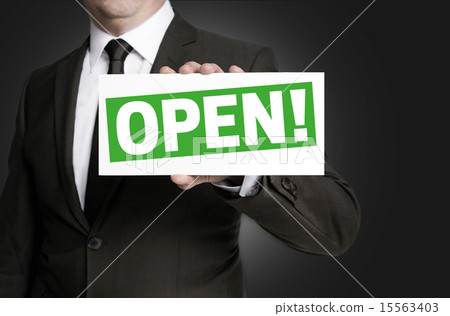 Open sign is held by businessman 15563403