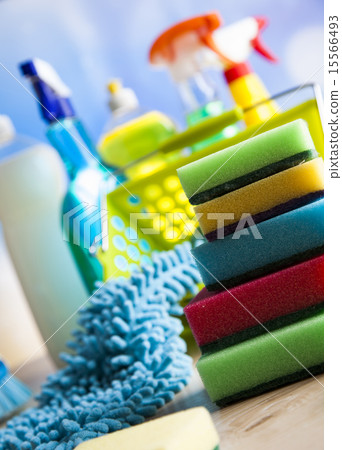 Variety of cleaning products, home work colorful Variety of cleaning products, home work colorful 15566493