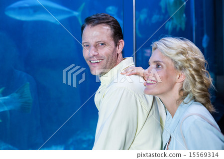 Happy couple looking at fish tank Happy couple looking at fish tank 15569314