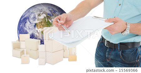 Composite image of delivery man with clipboard asking for signat 15569366