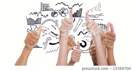 Composite image of hands up and thumbs raised Composite image of hands up and thumbs raised 15569700