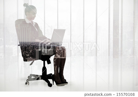 Composite image of businesswoman sitting on swivel chair with la 15570108