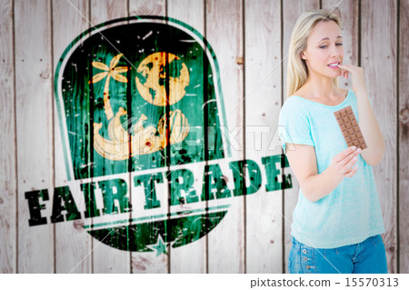 Composite image of pretty blonde feeling guilty to eat bar of ch 15570313