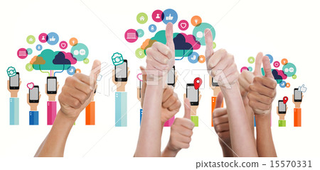 Composite image of hands up and thumbs raised Composite image of hands up and thumbs raised 15570331
