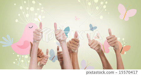 Composite image of thumbs raised and hands up Composite image of thumbs raised and hands up 15570417
