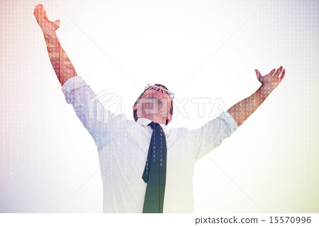 Composite image of handsome businessman cheering with arms up Composite image of handsome businessman cheering with arms up 15570996
