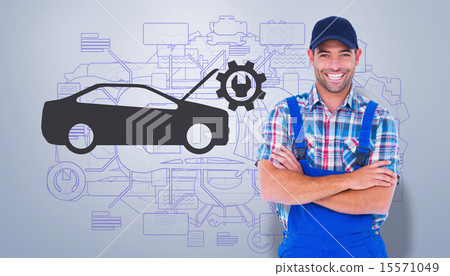 Composite image of male handyman standing arms crossed over whit Composite image of male handyman standing arms crossed over whit 15571049