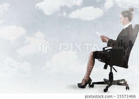 Composite image of businesswoman sitting on swivel chair with ta 15571466